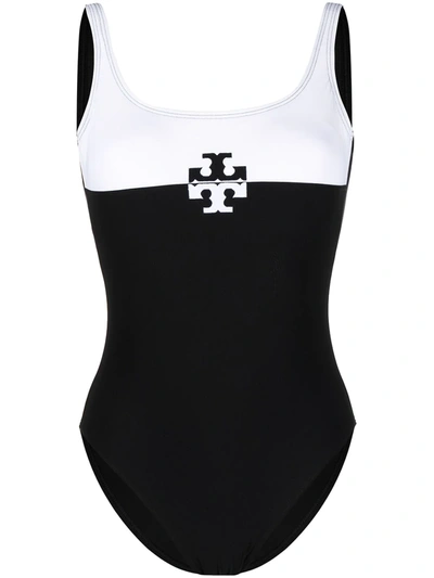 Shop Tory Burch Color-blocked Logo Swimsuit In Black