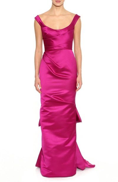 Shop Marchesa Bow Train Silk Satin Gown In Orchid
