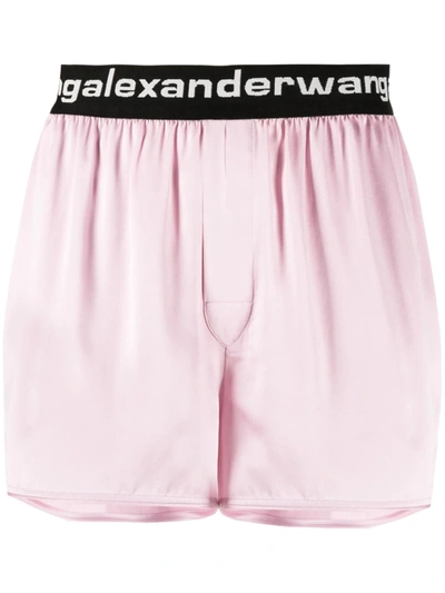 Shop Alexander Wang T Silk Logo-waistband Shorts In Pink