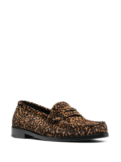 Shop Saint Laurent Leopard-print Calf Hair Loafers In Brown