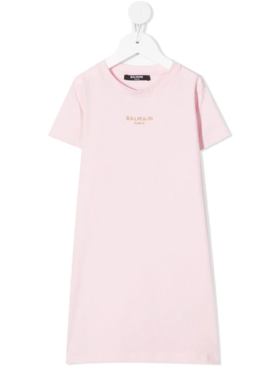 Shop Balmain Logo-embroidered T-shirt Dress In Pink