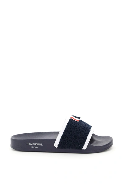 Shop Thom Browne Terry Cloth Pool Slides In Navy (blue)