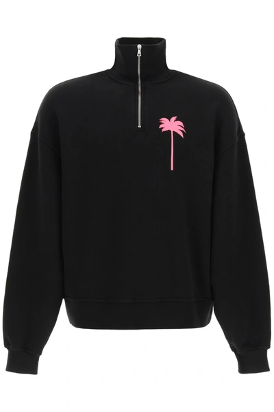 Shop Palm Angels Sweatshirt With Neon Palm Tree Print In Black Fuchsia (black)