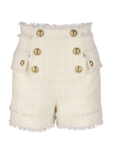 Shop Balmain High-waisted Tweed Shorts In White