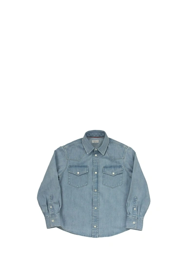 Shop Brunello Cucinelli Aged Light Denim Shirt With Press Studs And Pockets In Light Blue Denim