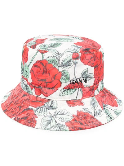Shop Ganni Floral Print Bucket Hat In Neutrals