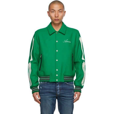 Shop Amiri Green Bones Varsity Bomber Jacket In Tennis Green