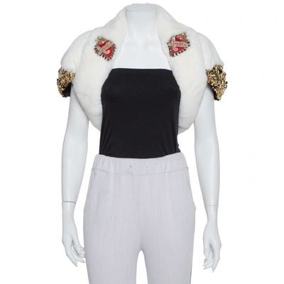 Pre-owned Dolce & Gabbana White Fur Stone & Sequin Embellished Open Front Crop Jacket S