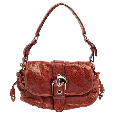 Pre-owned Miu Miu Copper Leather Buckle Flap Pochette Bag In Brown