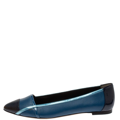 Pre-owned Fendi Blue Patent Leather And Leather Pointed Toe Ballerina Flats Size 38.5