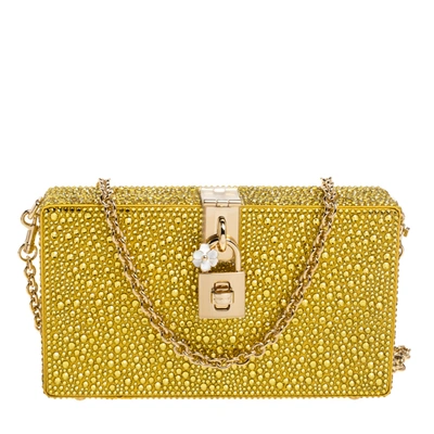Pre-owned Dolce & Gabbana Yellow Heat-applied Rhinestones Dolce Box Chain Clutch