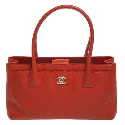 Pre-owned Chanel Orange Leather Small Cerf Executive Tote