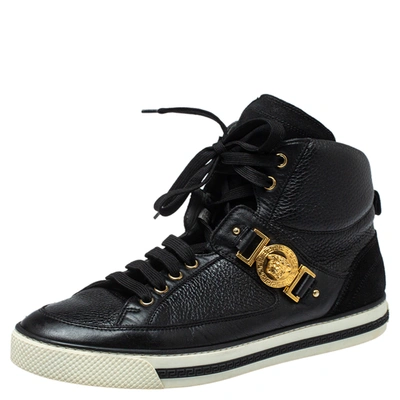 Pre-owned Versace Black Leather And Suede Medusa Strap High Top Sneakers Size 43
