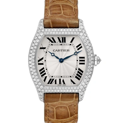Pre-owned Cartier Silver Diamonds 18k White Gold Tortue Wa504351 Men's Wristwatch 33 X 34 Mm