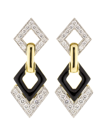 Shop David Webb Double Diamond And Black Enamel Earrings In Ylwgold