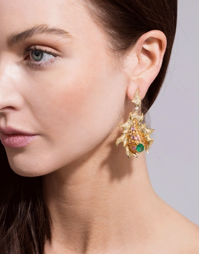 Shop Arunashi Emerald And Diamond Fish Earrings In Ylwgold