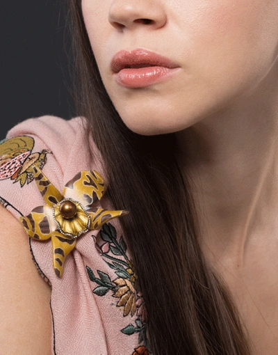 Shop Silvia Furmanovich Sculptural Botanical Marquetry Yellow Spotted Orchid Brooch In Ylwgold