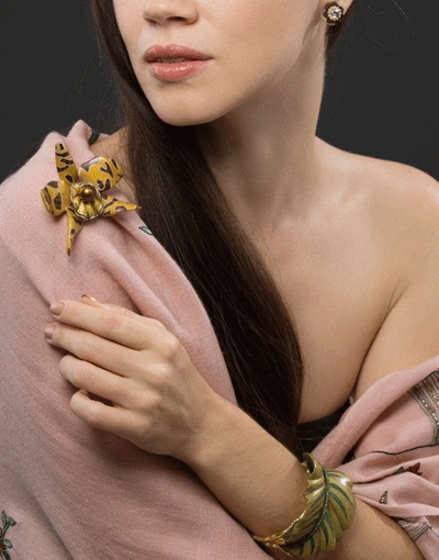Shop Silvia Furmanovich Sculptural Botanical Marquetry Yellow Spotted Orchid Brooch In Ylwgold
