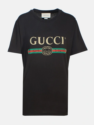 Gucci Cotton T-shirt With Vintage Logo Print In Black