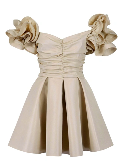 Shop Elisabetta Franchi Flounce Detailed Dress In Beige