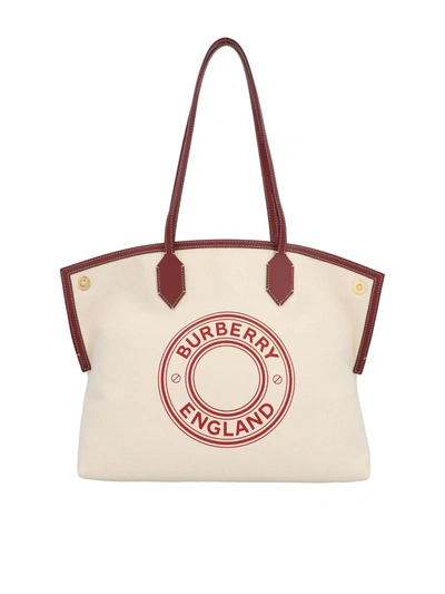 Shop Burberry Medium Tote Society Bag In White And Burgundy In Red