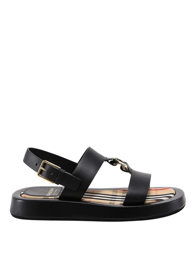 Shop Burberry Calfskin Sandals With Gold Ring In Black