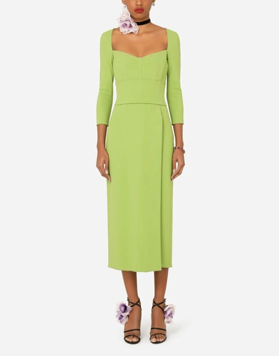 Shop Dolce & Gabbana Calf-length Short-sleeved Cady Dress With Slit In Green