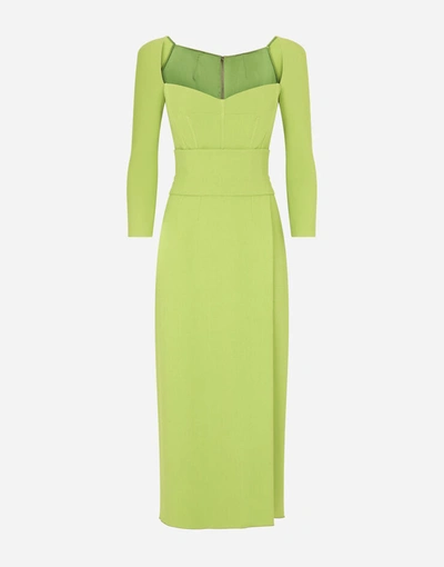 Shop Dolce & Gabbana Calf-length Short-sleeved Cady Dress With Slit In Green