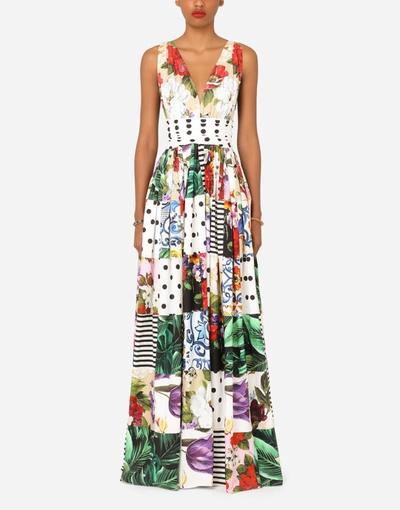Shop Dolce & Gabbana Long Sleeveless Patchwork Poplin Dress