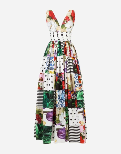 Shop Dolce & Gabbana Long Sleeveless Patchwork Poplin Dress