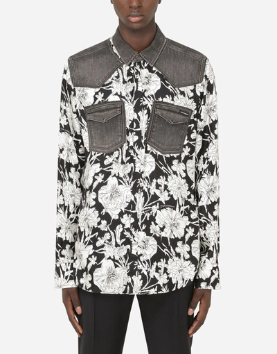 Shop Dolce & Gabbana Printed Silk Shirt With Denim Details In Multicolor
