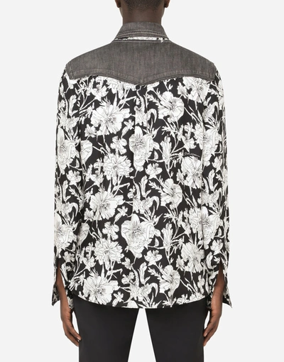 Shop Dolce & Gabbana Printed Silk Shirt With Denim Details In Multicolor