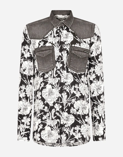 Shop Dolce & Gabbana Printed Silk Shirt With Denim Details In Multicolor