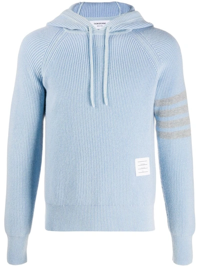 Shop Thom Browne 4-bar Cashmere Knit Hoodie In Blue