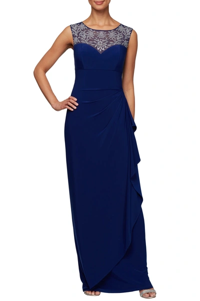 Shop Alex Evenings Embellished Illusion Yoke Cascading Maxi Dress In Bright Sapphire