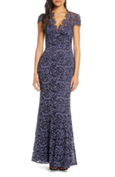 Shop Eliza J Embroidered Lace Trumpet Gown In Navy
