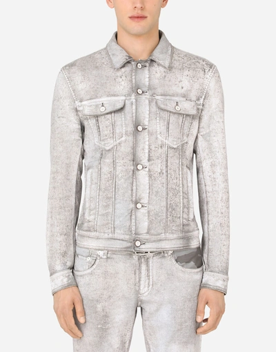 Shop Dolce & Gabbana Overdyed Stretch Denim Jacket With Patch Embellishment In Azure