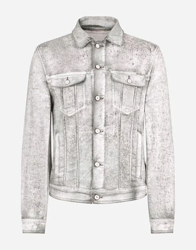 Shop Dolce & Gabbana Overdyed Stretch Denim Jacket With Patch Embellishment In Azure