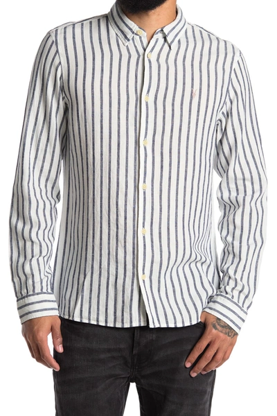 Shop Allsaints Dedham Linen Blend Long Sleeve Shirt In White/ Ink Navy