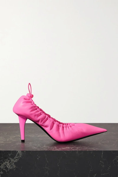 Shop Balenciaga Scrunch Knife Ruched Neon Leather Pumps In Pink