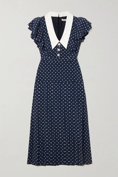Shop Alessandra Rich Button-embellished Ruffled Polka-dot Silk Midi Dress In Navy