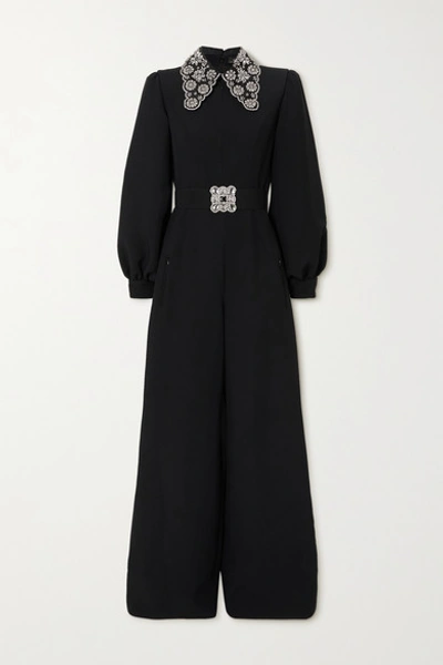 Shop Andrew Gn Belted Crystal-embellished Cady Jumpsuit In Black