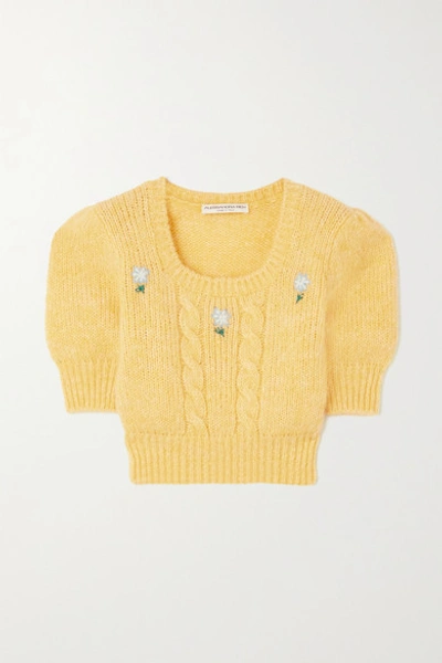Shop Alessandra Rich Cropped Embroidered Cable-knit Sweater In Yellow