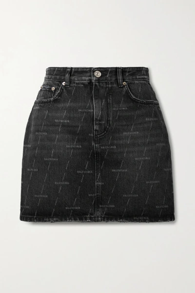 Shop Balenciaga Printed Denim Mini Skirt In Black