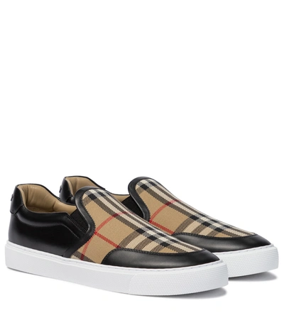Shop Burberry Vintage Check Leather And Canvas Sneakers In Beige