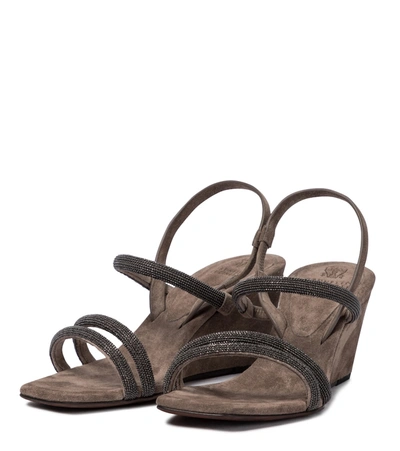 Shop Brunello Cucinelli Embellished Suede Wedge Sandals In Brown
