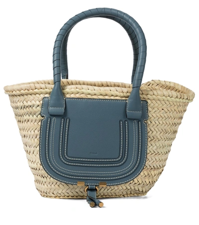Chlo Beige Blue Raffia Medium Marcie Basket Tote In Mirage Blue