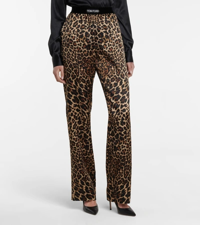 Shop Tom Ford Leopard-print Stretch-silk Satin Pants In Brown