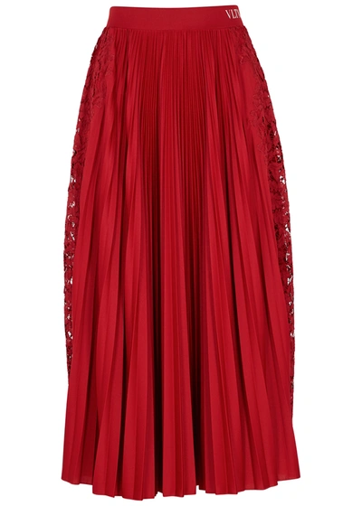 Shop Valentino Red Pleated Lace-trimmed Jersey Midi Skirt
