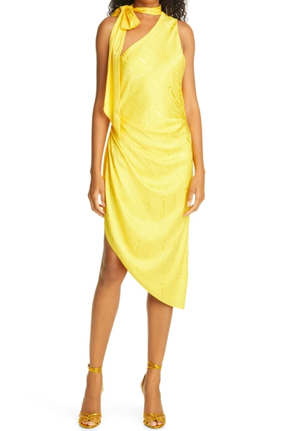 Shop Ronny Kobo Watermark One-shoulder Silk Blend Dress In Lemon